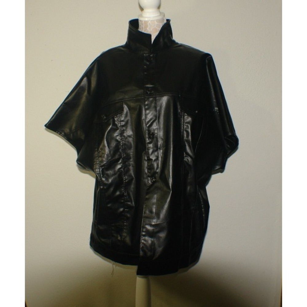 XPLUSWEAR Mens 2XL Black Faux Leather Short Sleeve Button Up Shirt Stand Collar